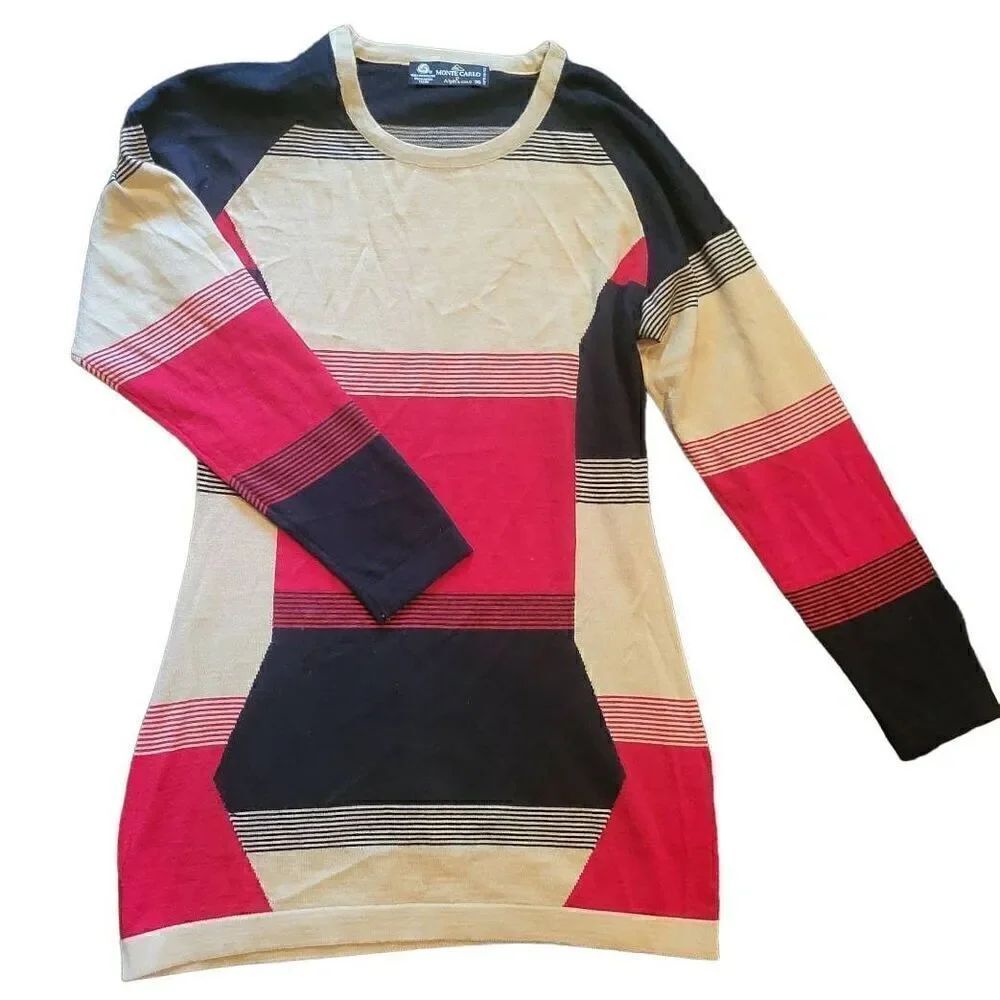 Monte Carlo Sweater Women's XS Stripe Alpha Gold Merino Wool 3/4 Sleeve